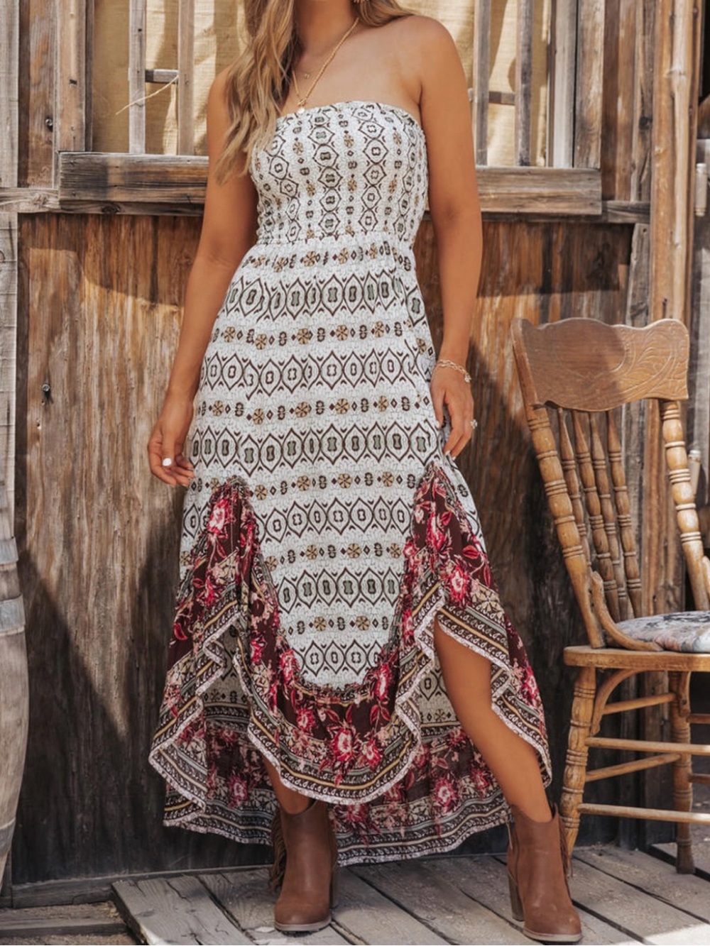 Illa Illa Boutique Smocked Strapless Gray Mixed Print Asymmetrical Midi Dress M